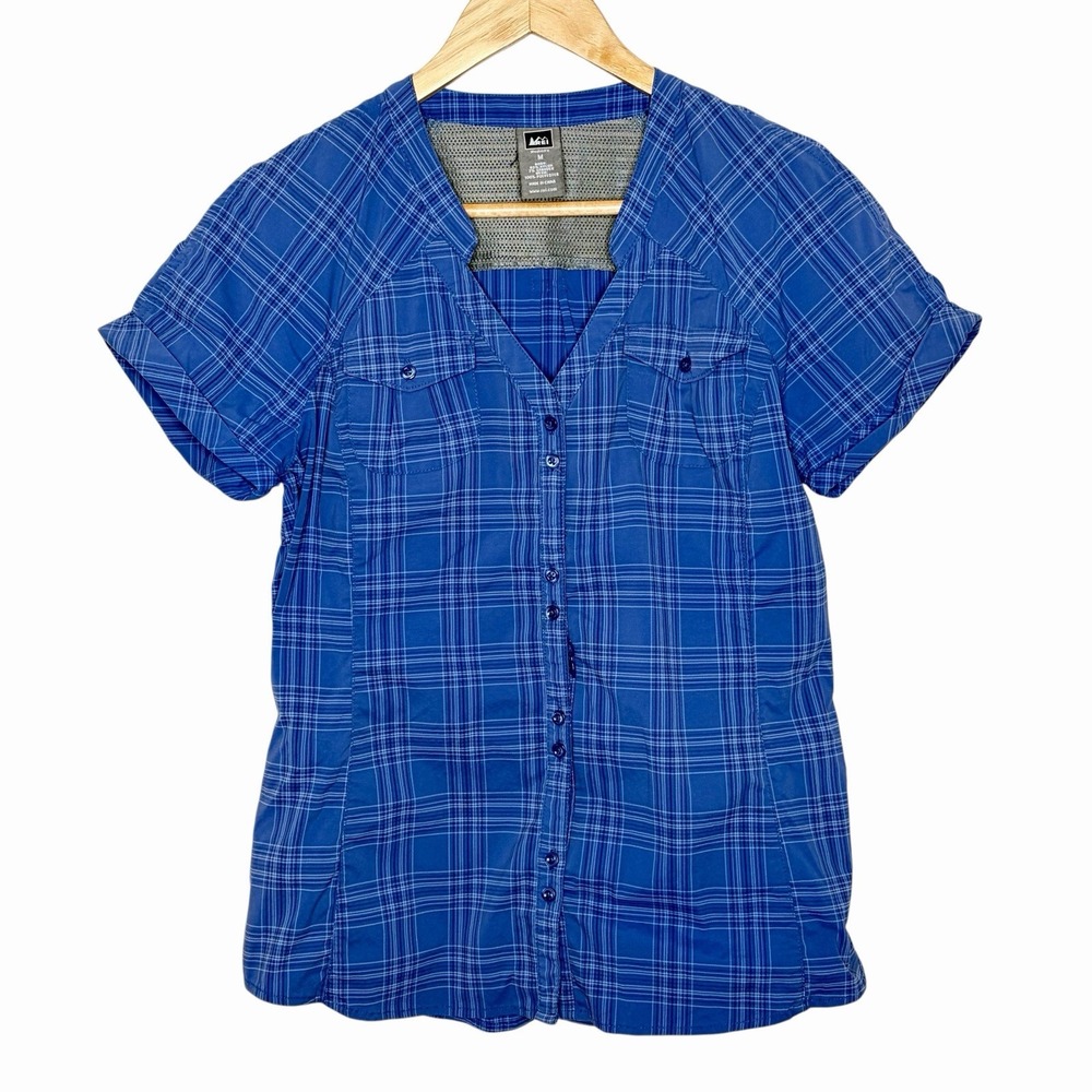 REI Plaid Button Up Short Sleeve Shirt Womens Sz M Hiking Nylon Granola Stretch